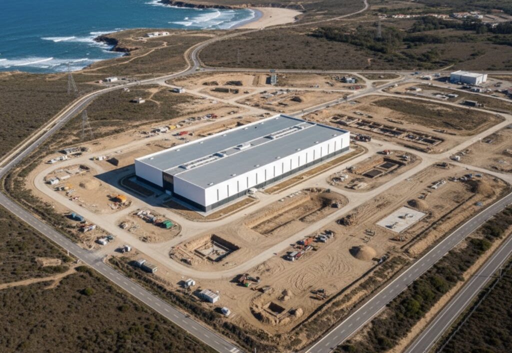  Aerial view of the Start Campus SINES data center site in Portugal, showing the first 26 MW building (SIN01) near the Atlantic coast. The campus is master-planned for 1.2 GW IT capacity by 2030, making it one of Europe’s largest sovereign-ready data center projects