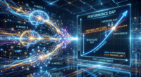 Diagram showing AI performance improving over time closing the performance gap