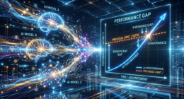 Diagram showing AI performance improving over time closing the performance gap