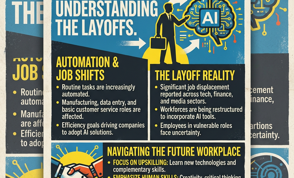 Infographic about AI's impact on workforce, layoffs, automation, job shifts, and future workplace skills