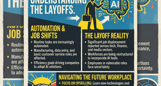Infographic about AI's impact on workforce, layoffs, automation, job shifts, and future workplace skills