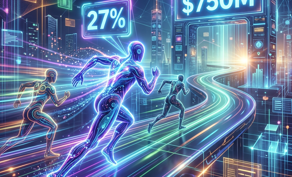 Three neon outlined figures running on a glowing digital track toward a $750M milestone with 27% progress displayed