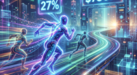 Three neon outlined figures running on a glowing digital track toward a $750M milestone with 27% progress displayed