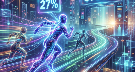 Three neon outlined figures running on a glowing digital track toward a $750M milestone with 27% progress displayed