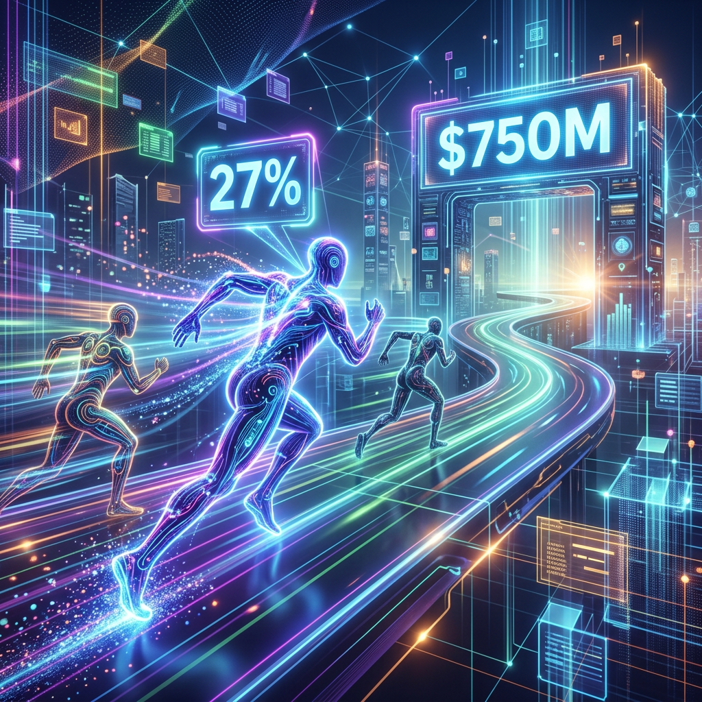 Three neon outlined figures running on a glowing digital track toward a $750M milestone with 27% progress displayed