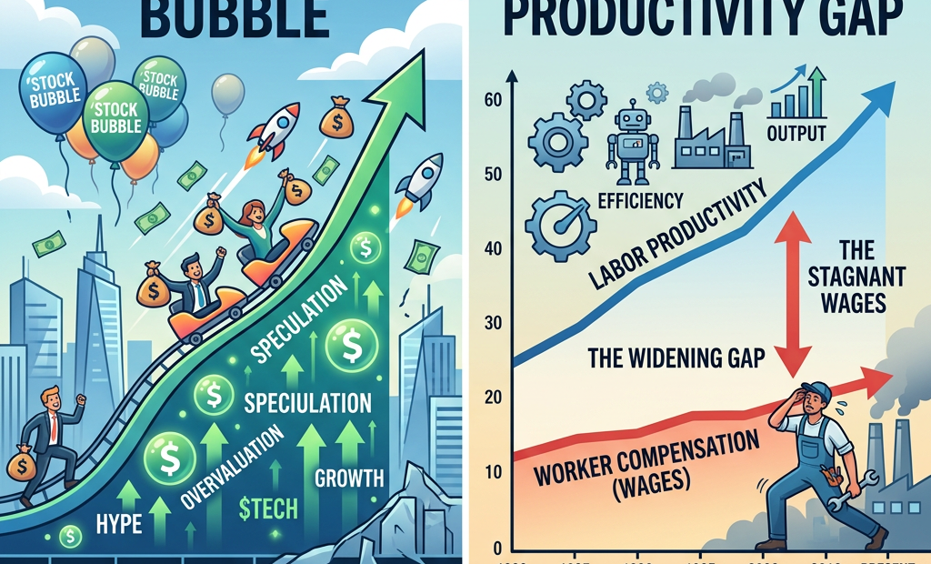 Graph showing stock market bubble driven by speculation and low interest rates contrasted with productivity growth outpacing wage increases creating a widening labor productivity gap.