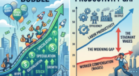 Graph showing stock market bubble driven by speculation and low interest rates contrasted with productivity growth outpacing wage increases creating a widening labor productivity gap.