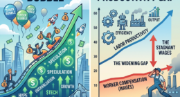 Graph showing stock market bubble driven by speculation and low interest rates contrasted with productivity growth outpacing wage increases creating a widening labor productivity gap.