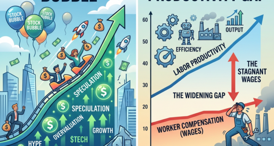 Graph showing stock market bubble driven by speculation and low interest rates contrasted with productivity growth outpacing wage increases creating a widening labor productivity gap.
