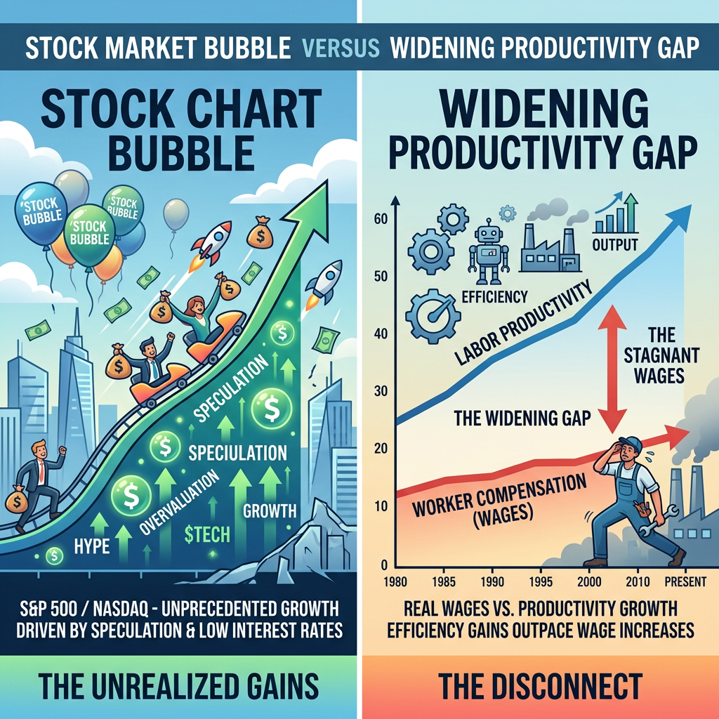 Graph showing stock market bubble driven by speculation and low interest rates contrasted with productivity growth outpacing wage increases creating a widening labor productivity gap.