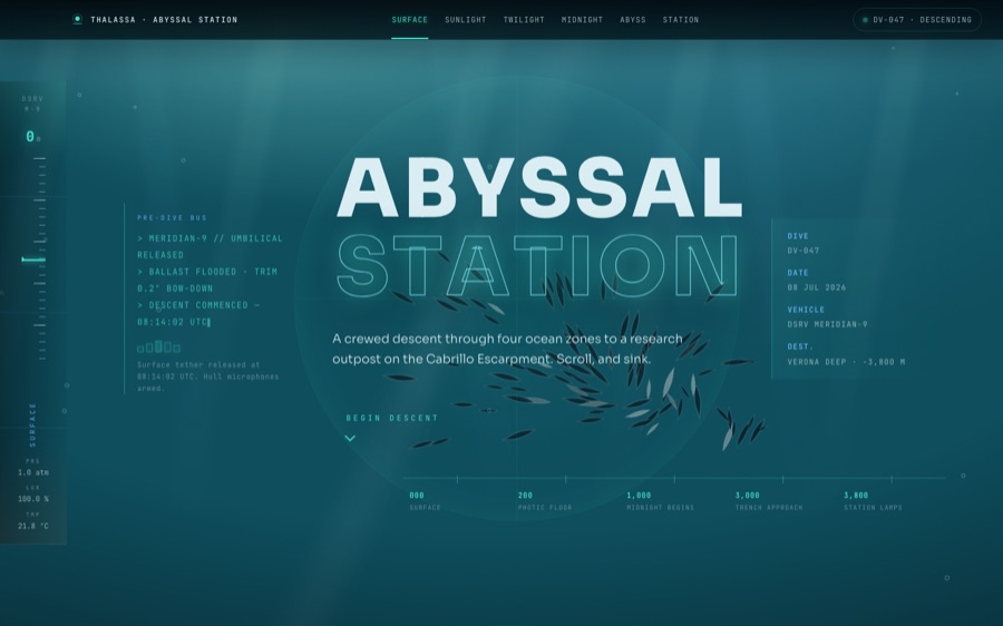 Abyssal Station — a 3,800 m descent — Scroll-Driven Depth Engine (FABLE/175, room 6)