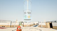 Inside AI III: a bright office lobby with a glass lift rising into the sky and big dashboard screens