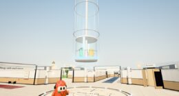 Inside AI III: a bright office lobby with a glass lift rising into the sky and big dashboard screens