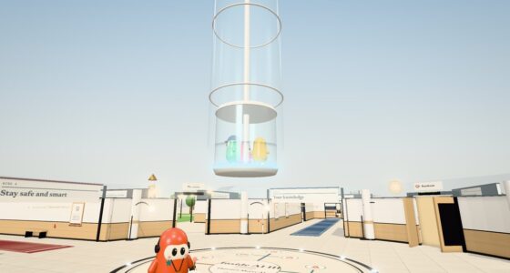Inside AI III: a bright office lobby with a glass lift rising into the sky and big dashboard screens