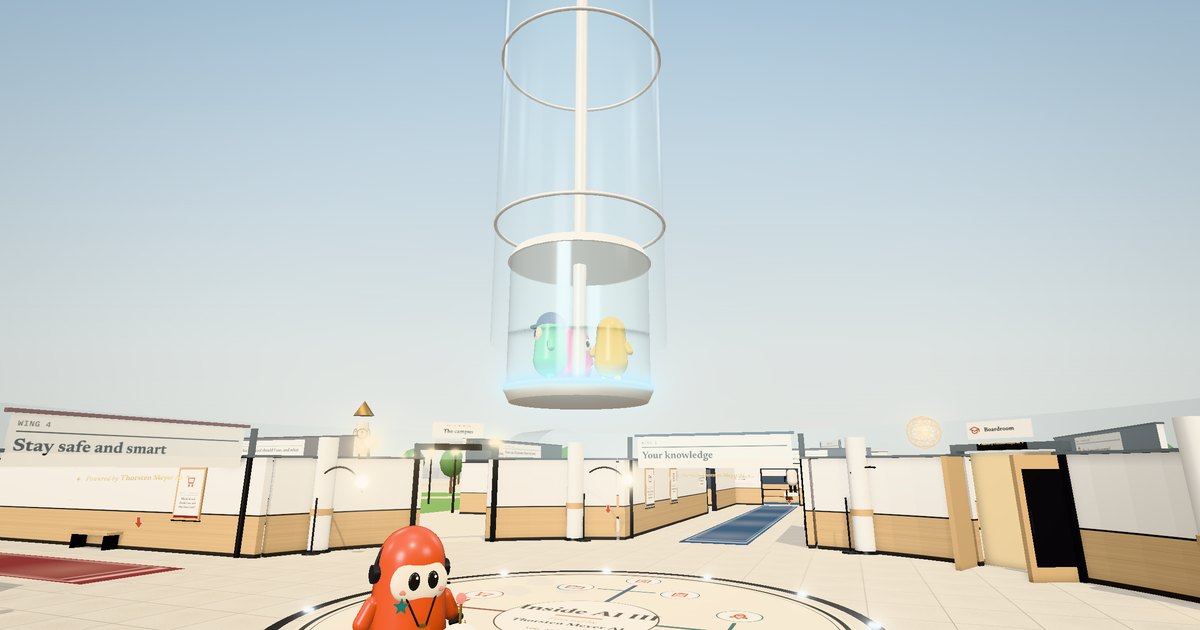 Inside AI III: a bright office lobby with a glass lift rising into the sky and big dashboard screens