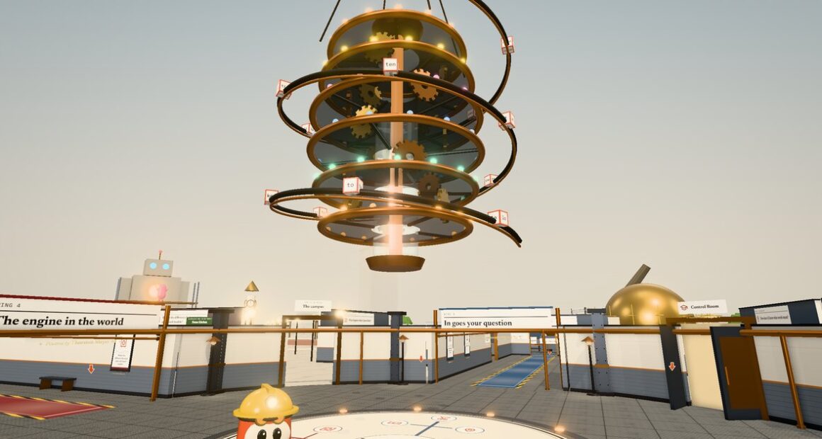 Inside AI II: a machine of glowing copper rings and gears hangs over a steel hall, where a bean figure in a hard hat looks up