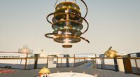 Inside AI II: a machine of glowing copper rings and gears hangs over a steel hall, where a bean figure in a hard hat looks up