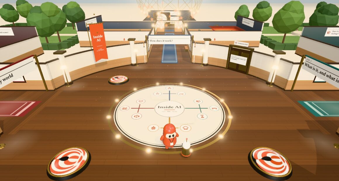 Inside AI: a warm, museum-like 3D room where a wooden figure explores an exhibit about AI