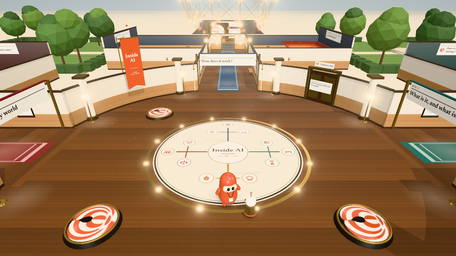 Inside AI: a warm, museum-like 3D room where a wooden figure explores an exhibit about AI