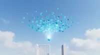 A swarm of small glowing blue glass cubes in a bright sky, one cube passing a beam of light toward a half-open white gate