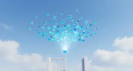 A swarm of small glowing blue glass cubes in a bright sky, one cube passing a beam of light toward a half-open white gate