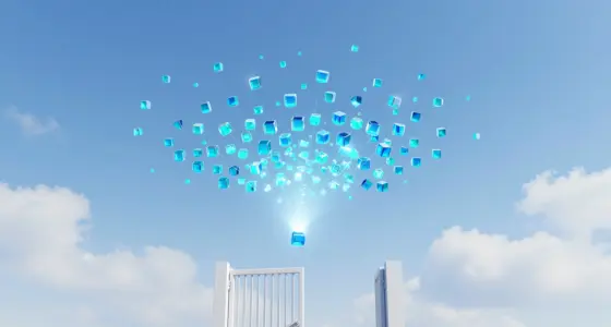 A swarm of small glowing blue glass cubes in a bright sky, one cube passing a beam of light toward a half-open white gate