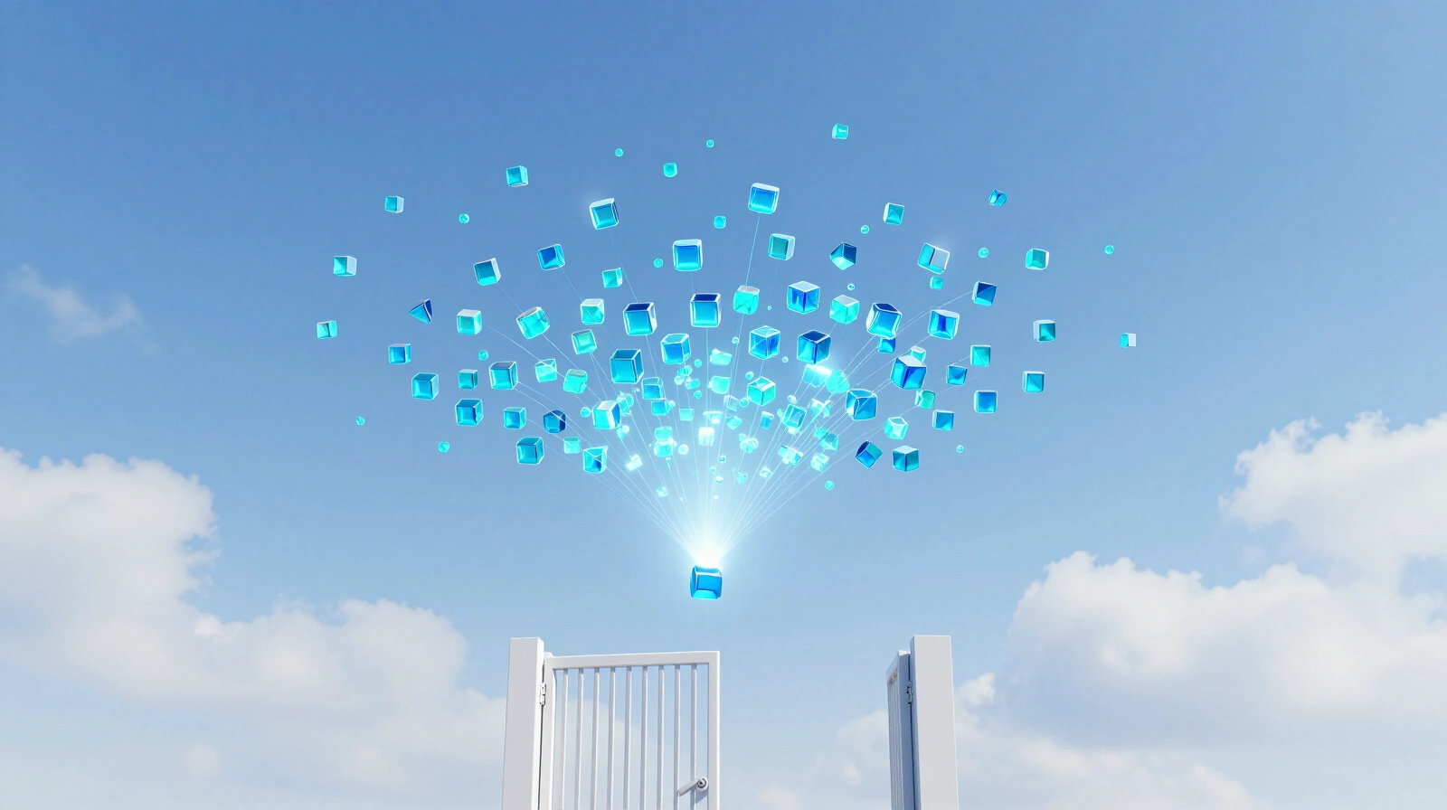 A swarm of small glowing blue glass cubes in a bright sky, one cube passing a beam of light toward a half-open white gate