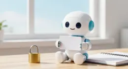 A small friendly white robot on a bright wooden desk holding a single blank payment card, next to a closed brass padlock and an open notebook
