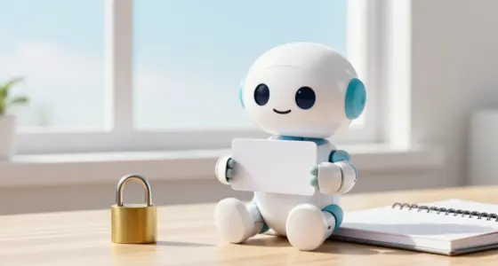 A small friendly white robot on a bright wooden desk holding a single blank payment card, next to a closed brass padlock and an open notebook