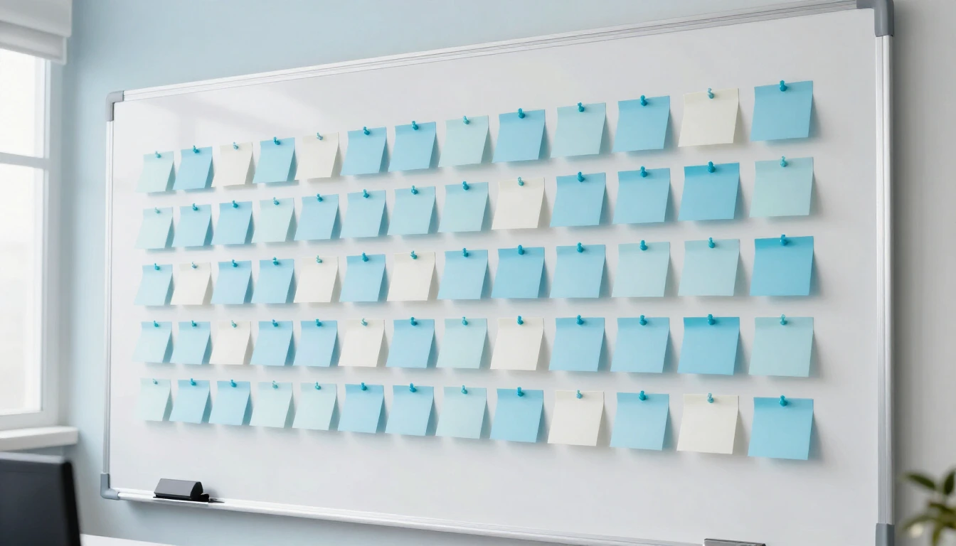 A whiteboard wall in a bright office covered with rows of blank pale blue sticky notes