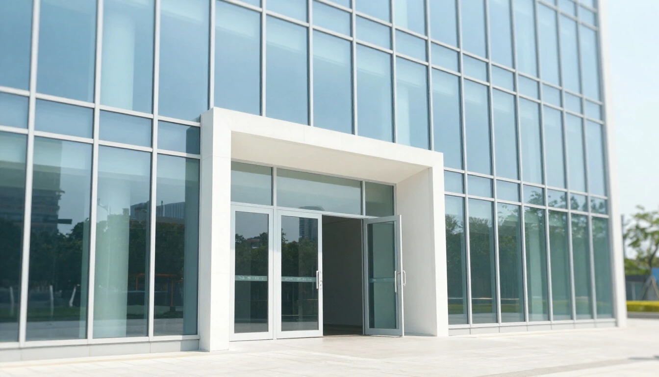 The entrance of a modern glass office building with one of its doors standing open