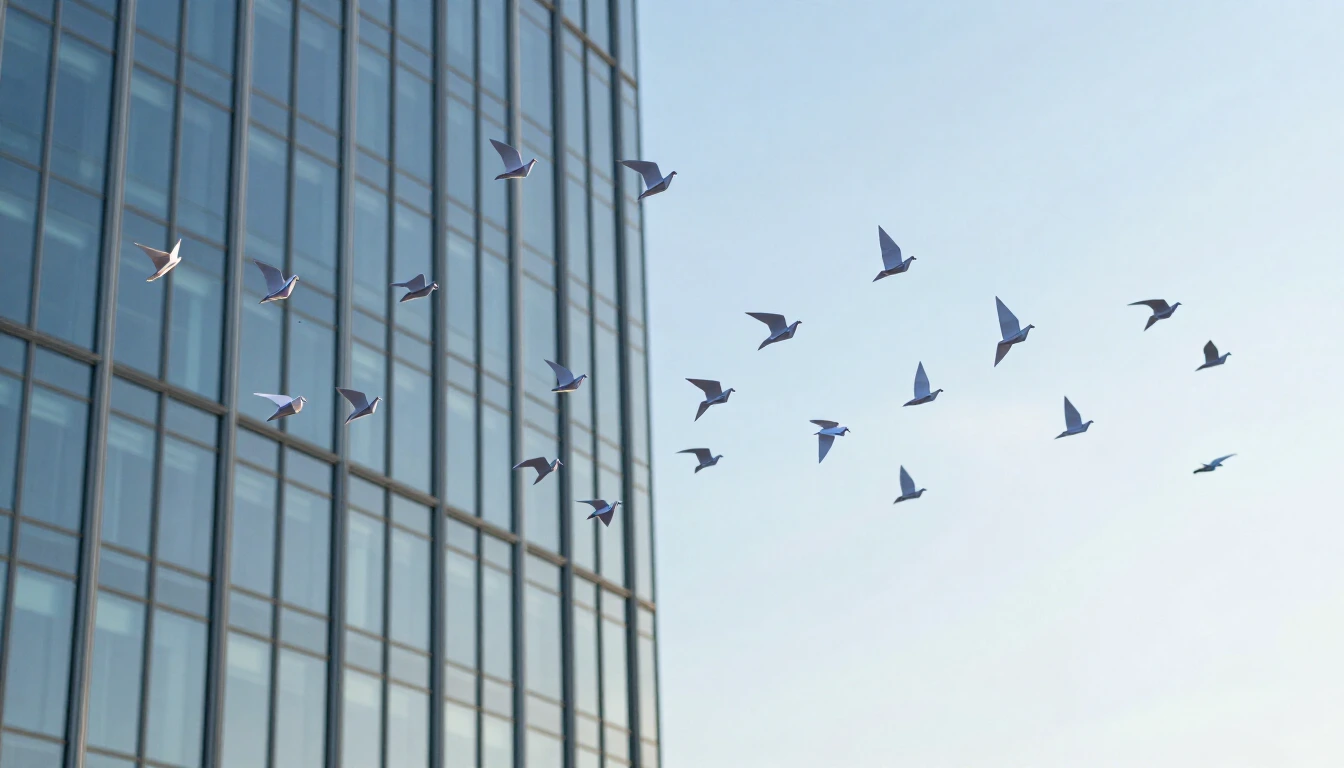A loose flock of birds flying past the glass facade of a tall modern office building under a bright blue sky