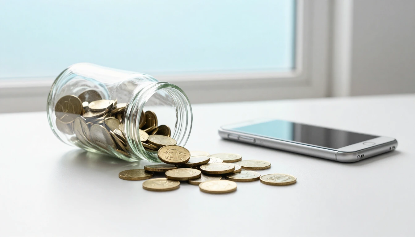A tipped-over glass jar with plain gold coins spilling across a white desk next to a smartphone lying face down