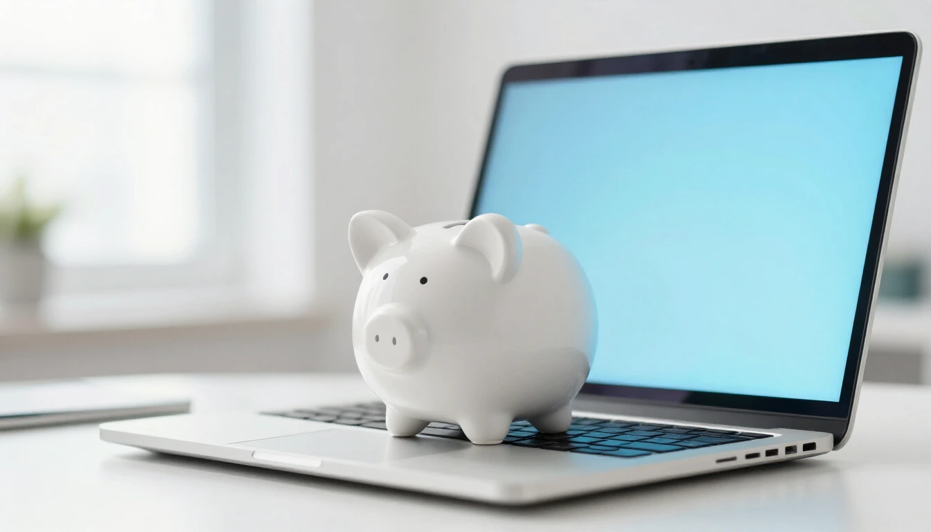 A small white ceramic piggy bank standing on the keyboard of an open laptop in a bright office
