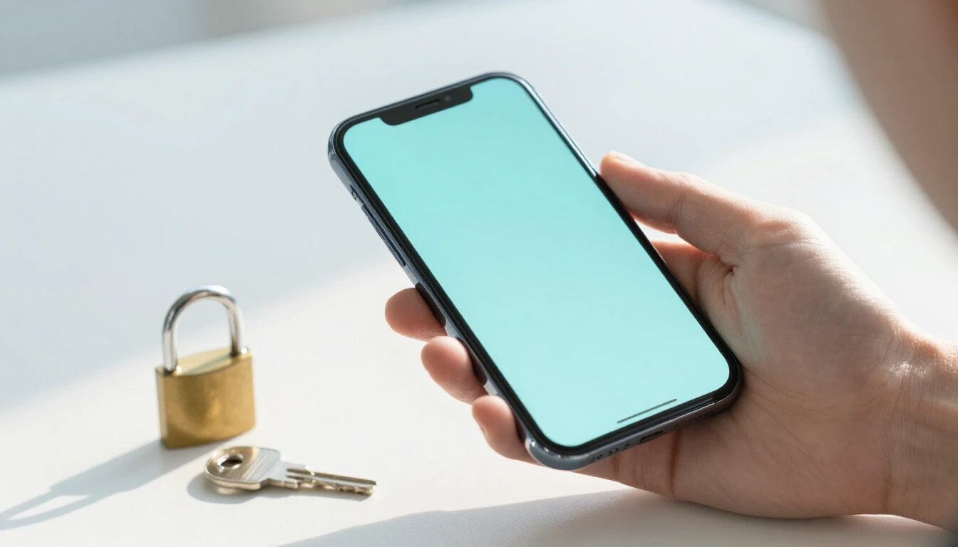 A hand holds a smartphone with a blank pale turquoise screen above a white desk with a small brass padlock and a silver key