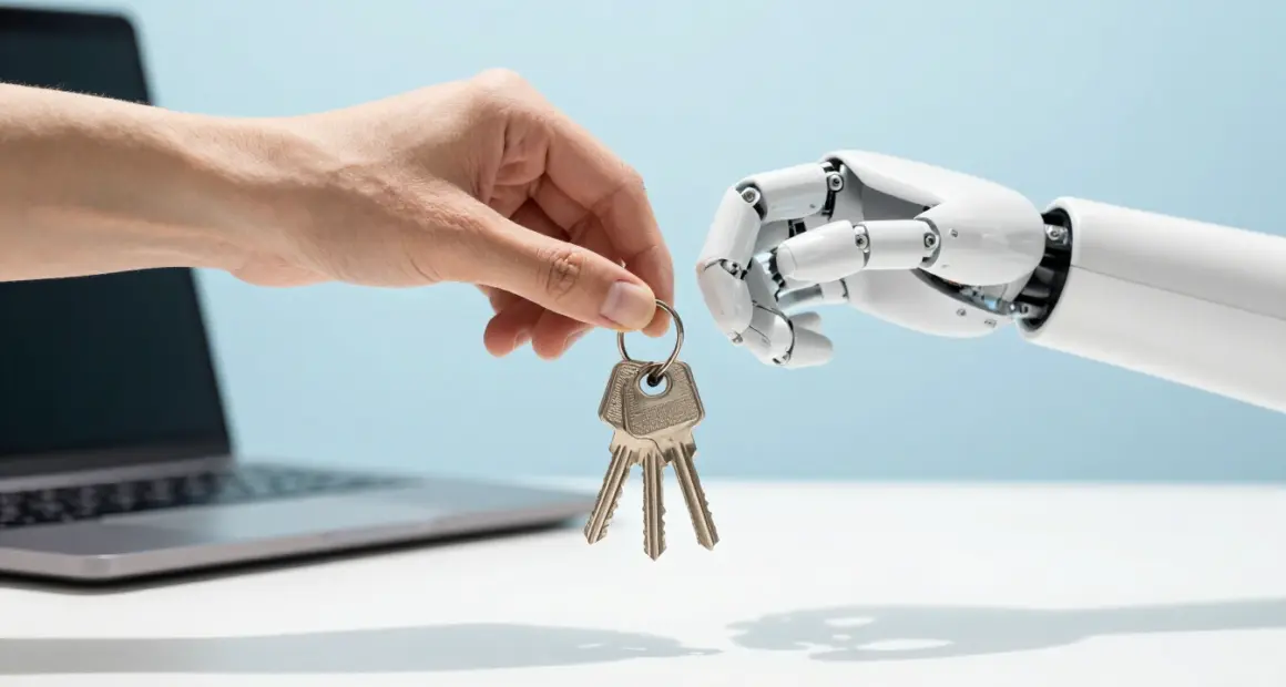 A human hand passes a ring of plain silver keys to a white robotic hand above a bright white desk, a laptop out of focus behind them