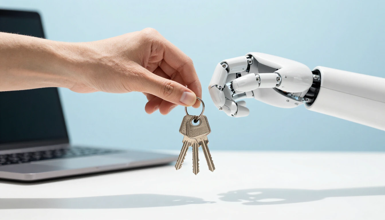A human hand passes a ring of plain silver keys to a white robotic hand above a bright white desk, a laptop out of focus behind them