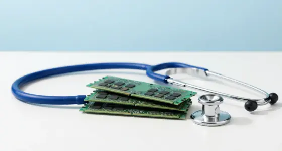 A blue stethoscope resting next to a small stack of green computer memory modules on a bright white desk