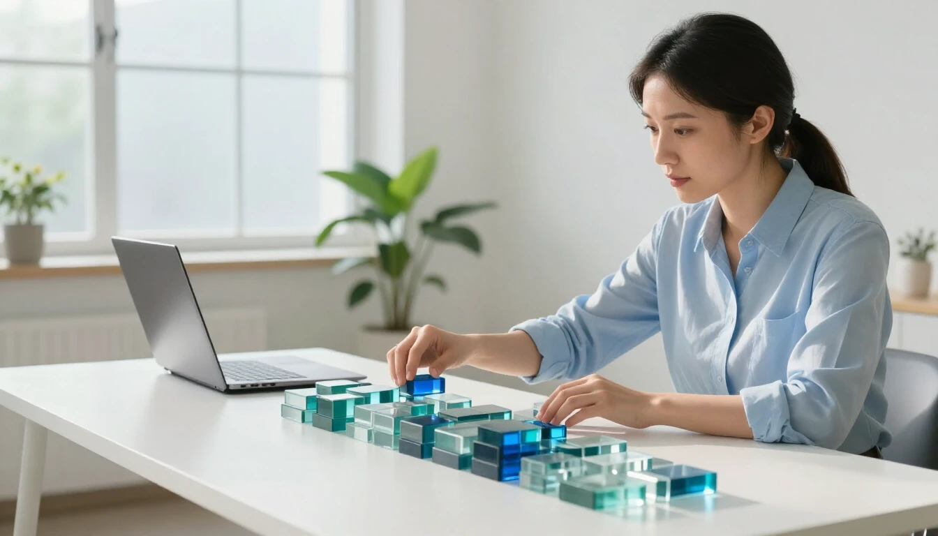 A software engineer in a light blue shirt sorts translucent glass blocks into neat rows on a white desk next to a laptop