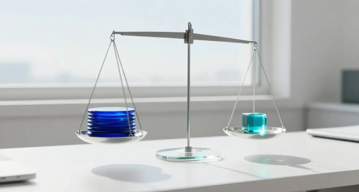 A glass balance scale on a bright white desk by a window, a stack of cobalt glass discs on one pan and a small turquoise glass cube on the other