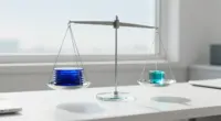 A glass balance scale on a bright white desk by a window, a stack of cobalt glass discs on one pan and a small turquoise glass cube on the other