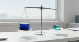 A glass balance scale on a bright white desk by a window, a stack of cobalt glass discs on one pan and a small turquoise glass cube on the other