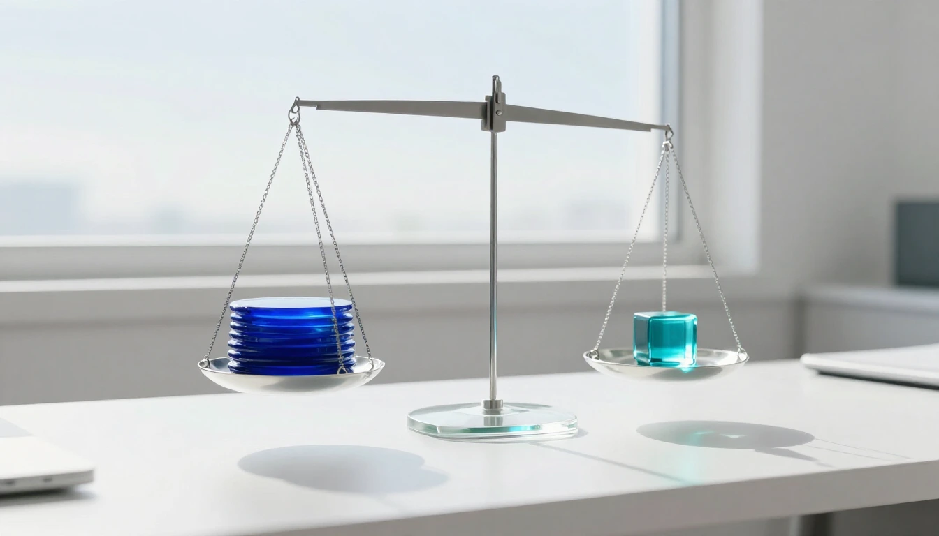A glass balance scale on a bright white desk by a window, a stack of cobalt glass discs on one pan and a small turquoise glass cube on the other