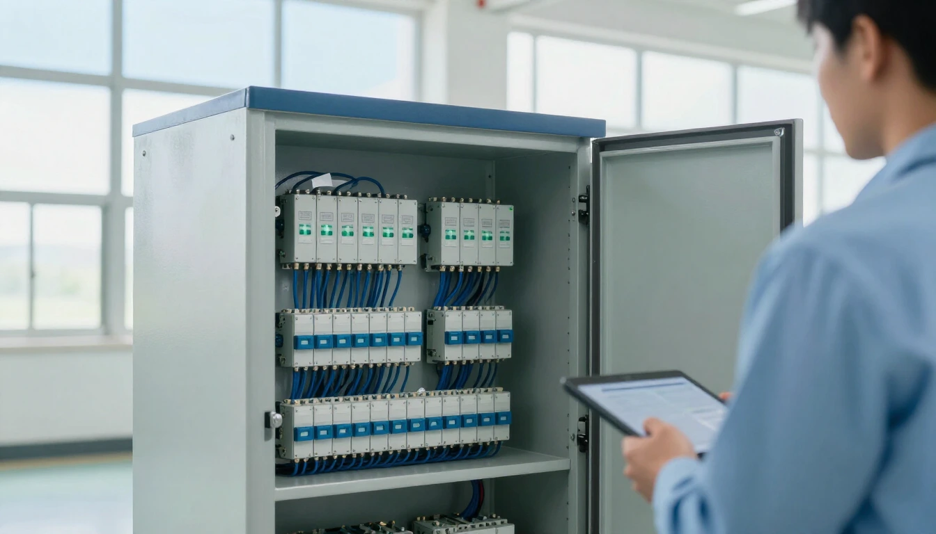 An engineer in a light blue shirt, seen from behind, checks a tablet in front of an open industrial control cabinet with neatly wired modules in a bright factory hall