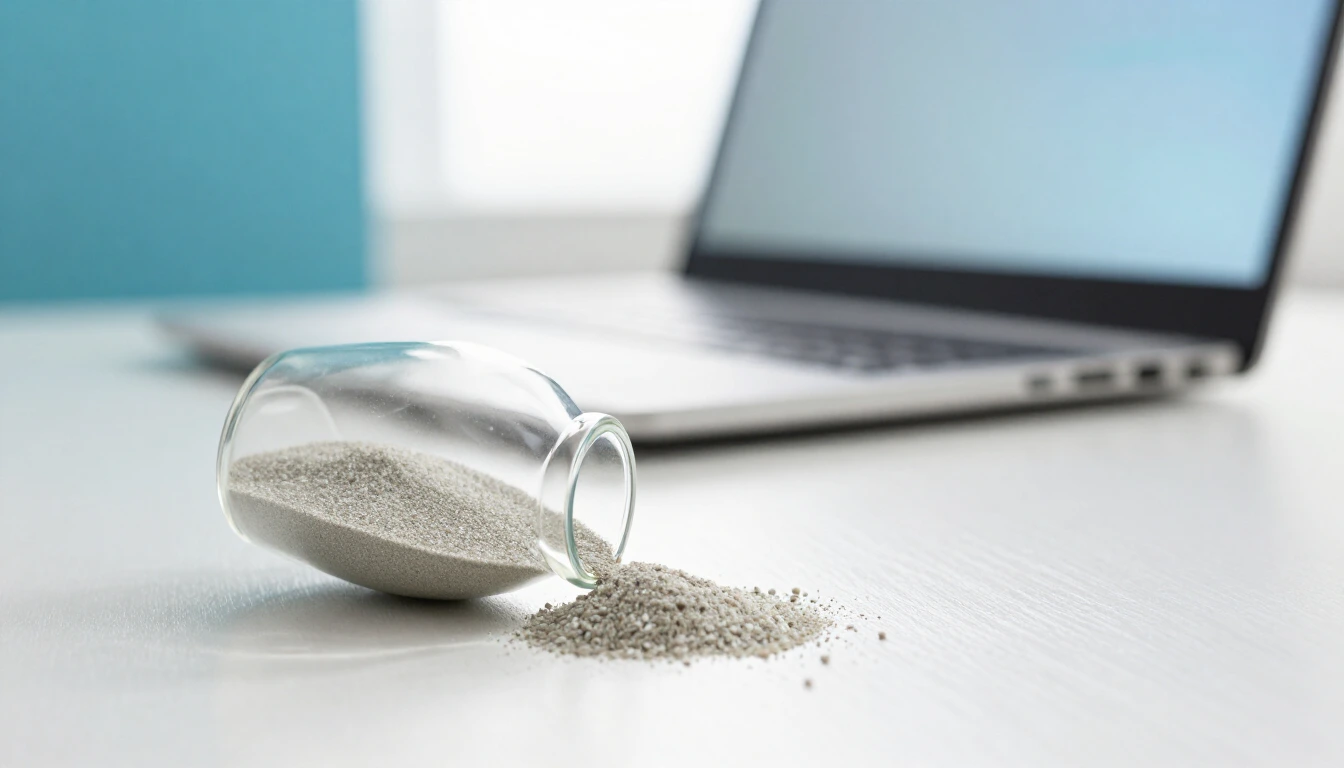 An empty glass hourglass lying on its side on a white desk, pale sand spilled on the table, a laptop out of focus behind it