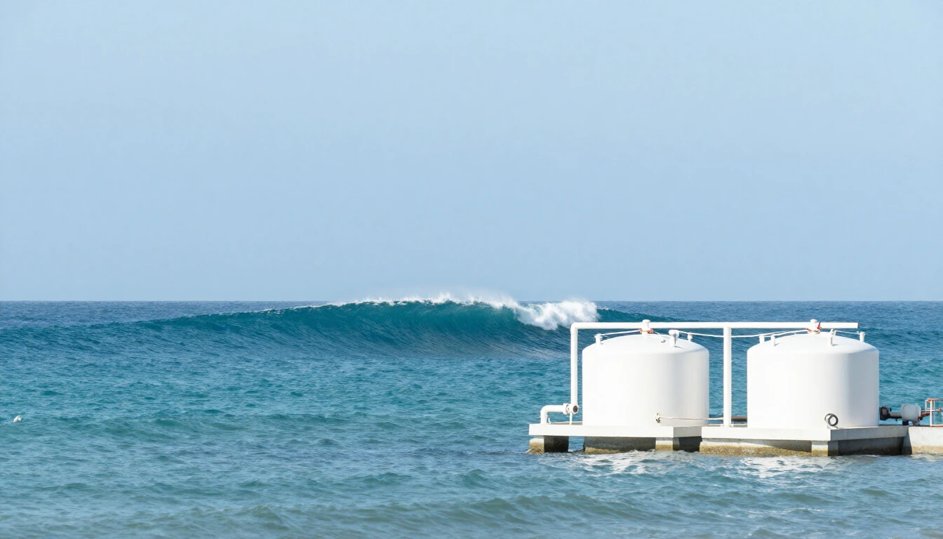 A large turquoise ocean wave rising far out at sea behind a small white coastal plant with two round tanks, under a clear blue sky