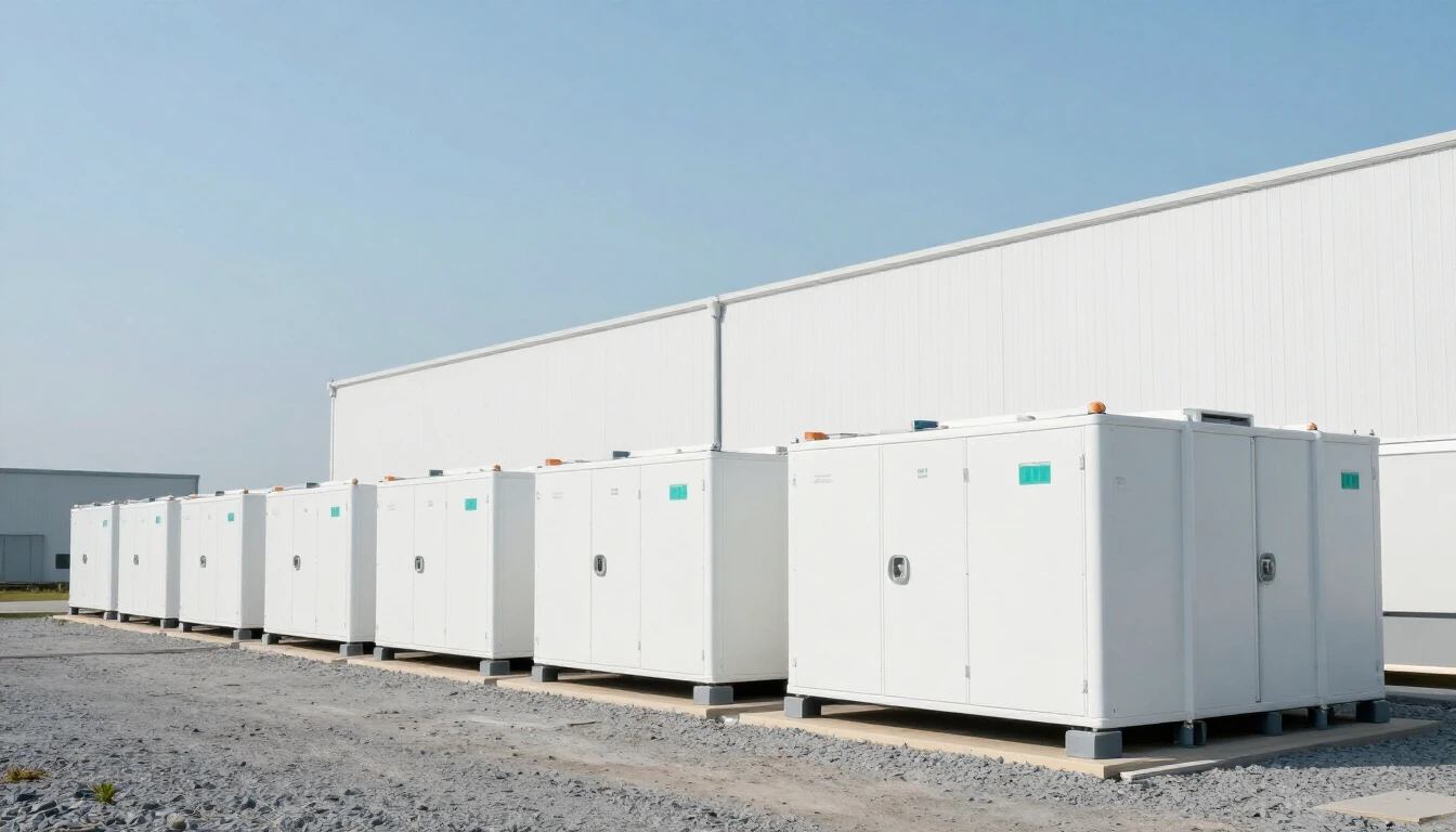 A row of white battery storage containers on a gravel pad next to a large white building