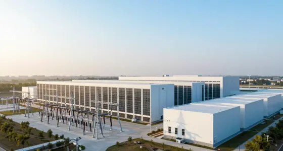 A large white data center campus at sunrise with an electrical substation and high-voltage equipment in the foreground