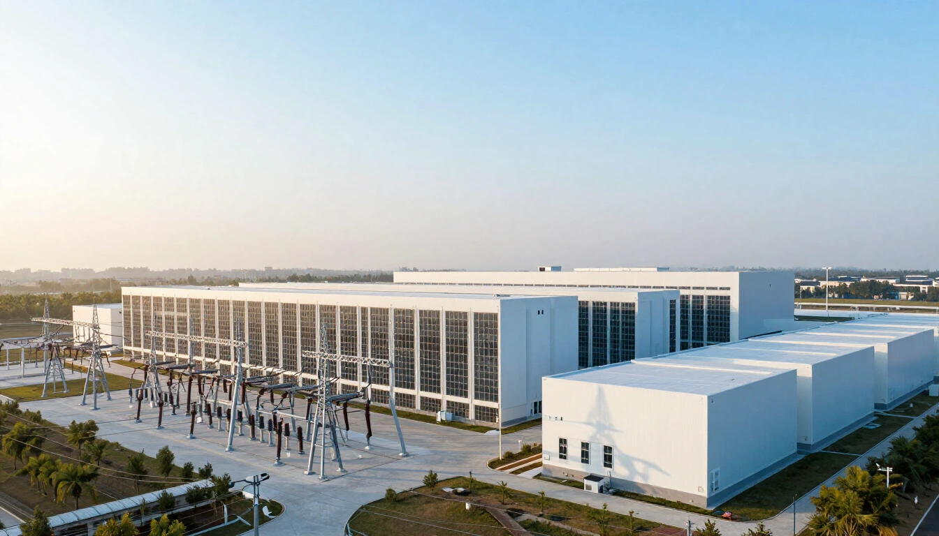 A large white data center campus at sunrise with an electrical substation and high-voltage equipment in the foreground