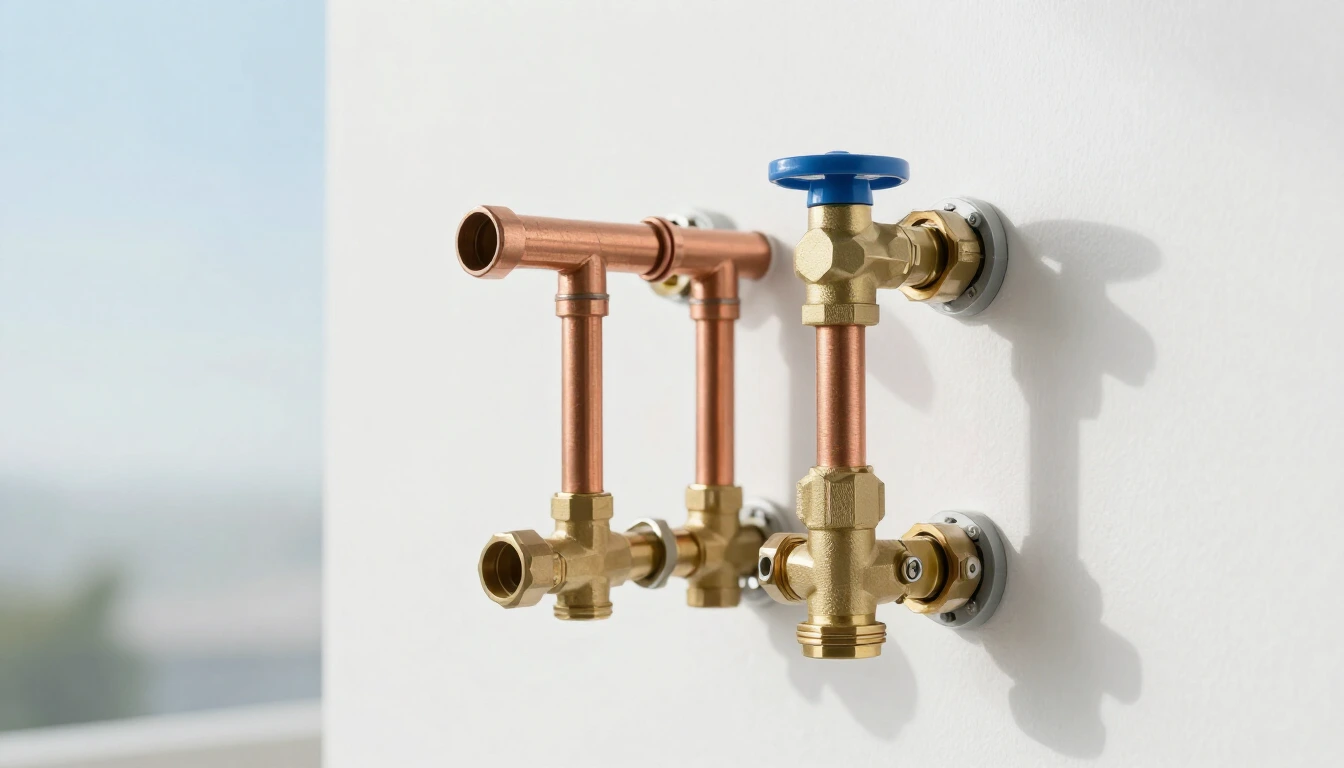 Polished copper and brass pipes with blue valve wheels mounted on a bright white wall
